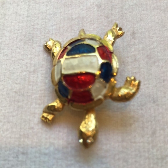 Patriotic Turtle Brooch Pin Gold tone Red White Blue Enamel Accents Crystal Eyes - Picture 8 of 10